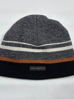Eddie Bauer Striped Wool Beanie Hat Made in USA Fleece Lined Gray Orange Black